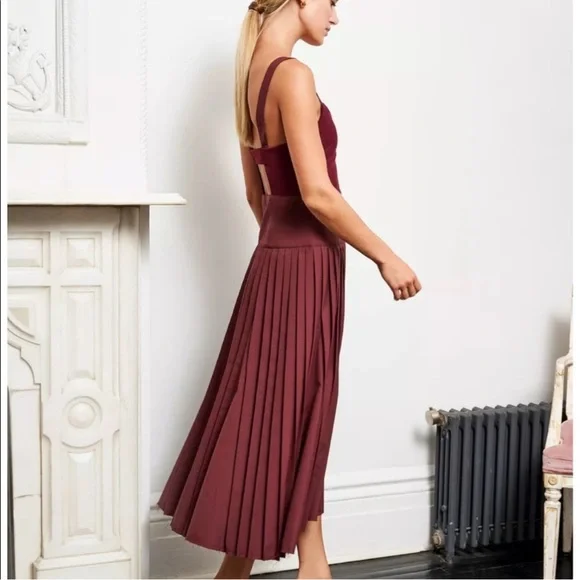 La Ligne Zelda Burgundy Pleated Midi Dress Elegant and Timeless